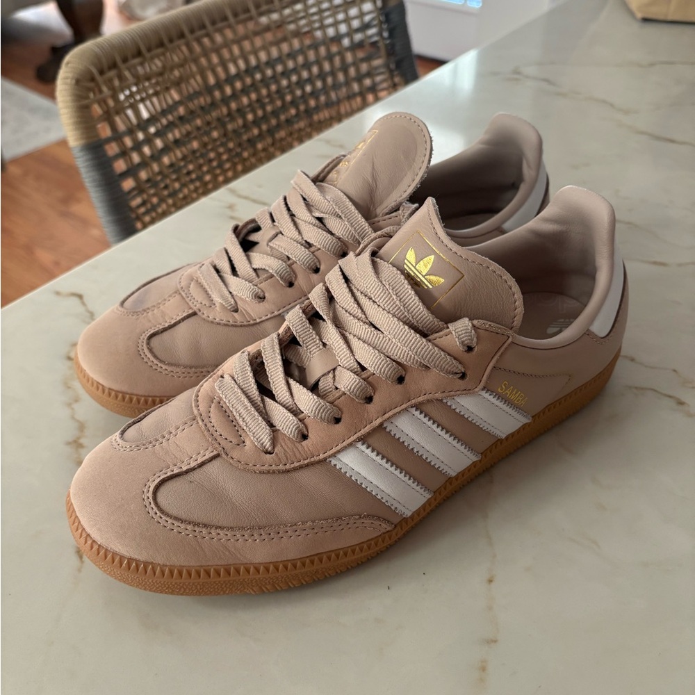 Adidas Tan Sneakers with White and Gold Accents